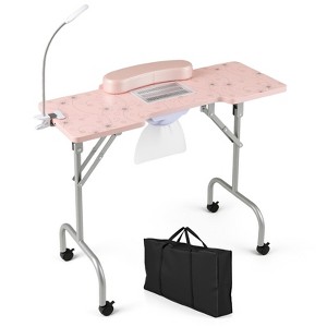 Costway Folding Manicure Nail Table with Electric Dust Collector LED Lamp Carry Bag Pink - 1 of 4