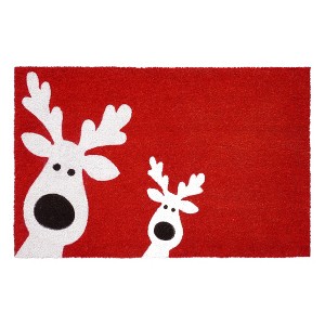 HomeRoots 17" X 29" Red and White Coir Reindeer Outdoor Christmas Door Mat - 1 of 4