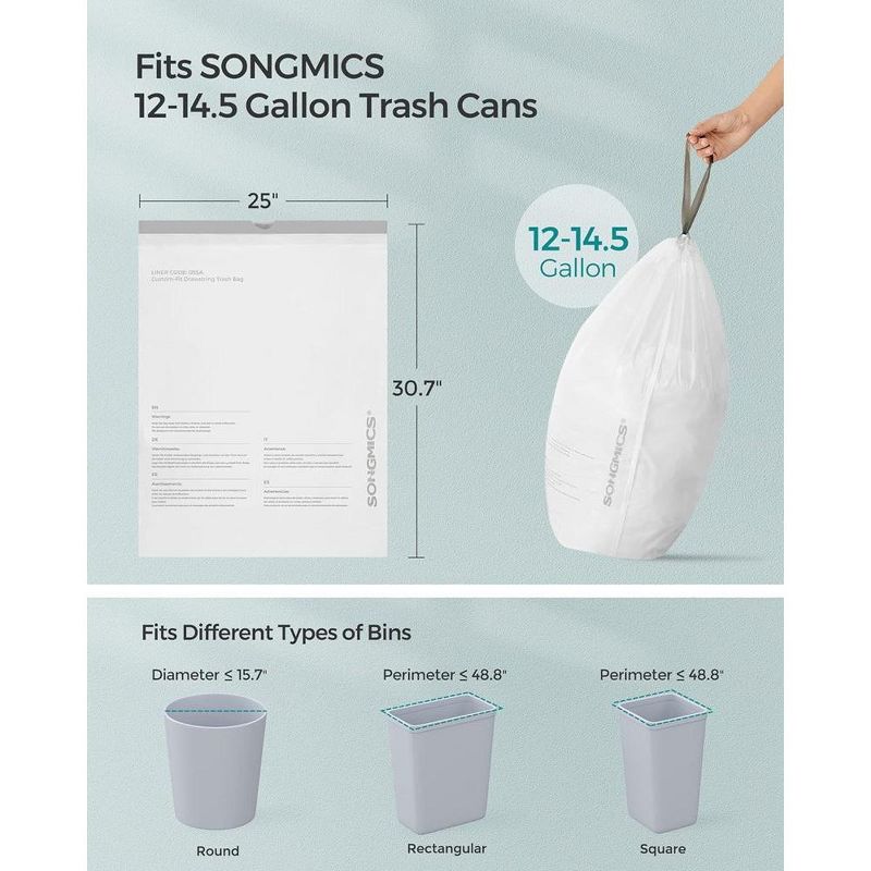 SONGMICS Trash Bags for 12-14.5 Gallon Trash Cans, Drawstring Garbage Bags, Liner Code 055A, 3 of 9