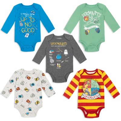 Image of Harry Potter Hogwarts Newborn Baby Boys 5 Pack Long Sleeve Bodysuits Multicolor 6-9 Months