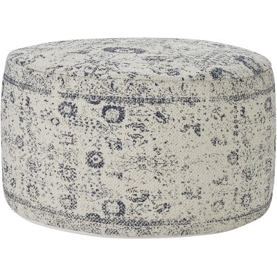 Ivory and Navy Floral Cotton Round Pouf with Faux Leather Handle