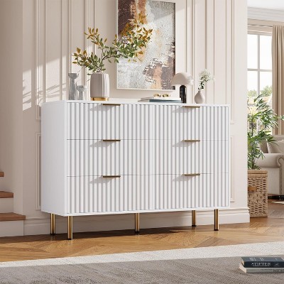 Fluted 6 Drawers Dresser, 54" Wide Modern Chest of Drawers with Deep Drawers, Large Double Dresser TV Stand, Wooden Organizer for Living Room