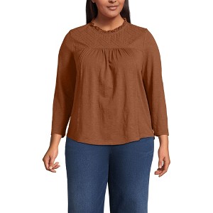 Lands' End Women's 3/4 Sleeve Cotton Slub Lace Trim Top - 1 of 4