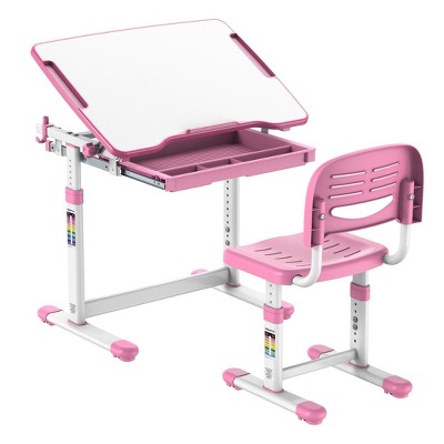 Pink Adjustable Height Kids Desk and Chair Set with Storage Drawer