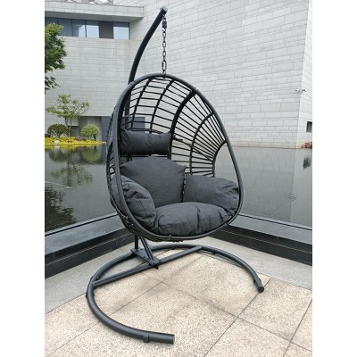 FURNIinspire Patio Swings Outdoor Indoor Wicker Swing Egg Chair, Hanging Chair With Black Seat Cushion And Stand, Black, 42“*47"*73"