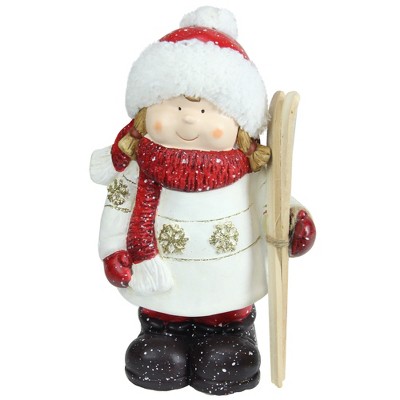 Northlight 11" Red and White Terracotta Girl with Skis Christmas Tabletop Figurine