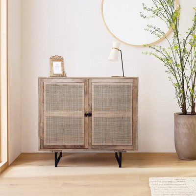 Royal Hampton 35 Inch Handcrafted Accent Cabinet with 2 Mesh Rattan Doors, Black Iron Legs, Mango Wood Frame