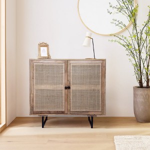 Royal Hampton 35 Inch Handcrafted Accent Cabinet with 2 Mesh Rattan Doors, Black Iron Legs, Mango Wood Frame - 1 of 4