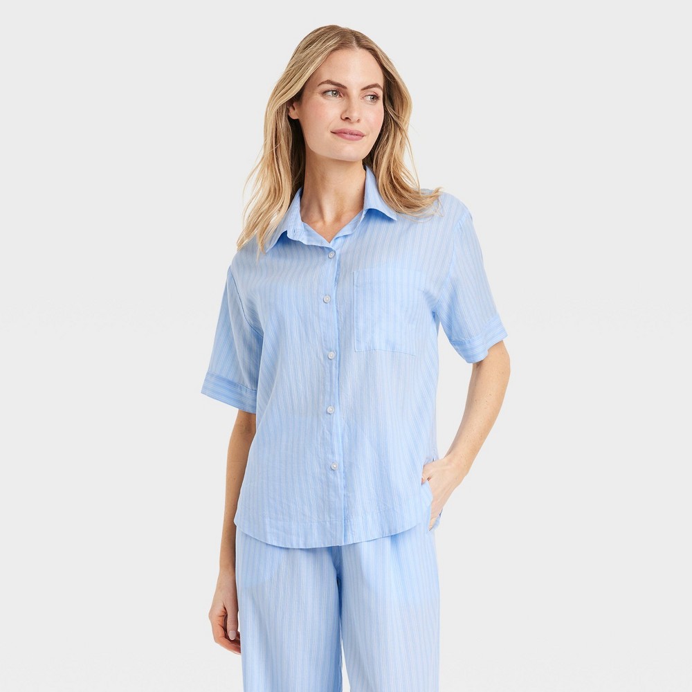 Photos - Other Textiles Women's Striped Cotton Blend Button-Up Pajama Top - Stars Above™ Blue XXL