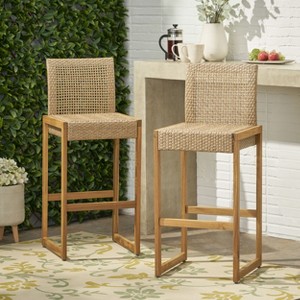 Christopher Knight Home Elon Outdoor Wicker and Acacia Wood 30.5 Inch Barstools (Set of 2), Light Multibrown and Teak - 1 of 4