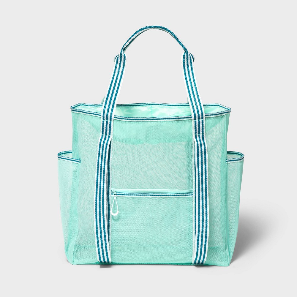 Photos - Travel Accessory Beach Backpack Teal Striped Mesh - Sun Squad™