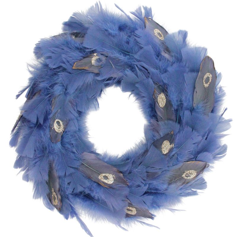 Northlight 14" Unlit Blue Feather Artificial Christmas Wreath, 1 of 3