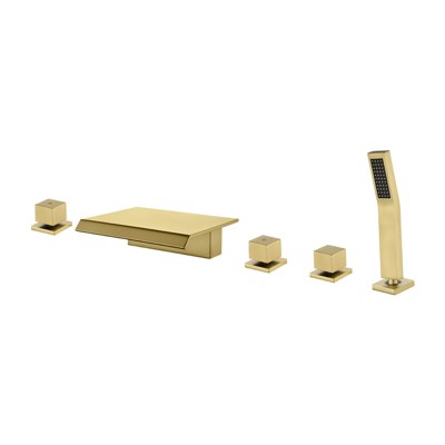 Cobbe Bathtub Faucet Set with Hand Shower, 7.87-Inch Wide Waterfall Spout and Waste Pipe 5-Hole Installation Brushed Gold
