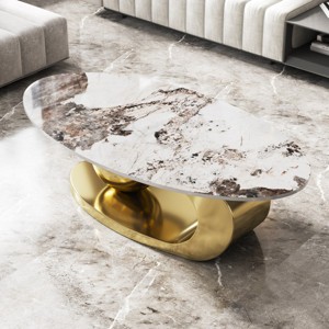Oval Coffee Table With Faux Marble Top And Stainless Steel Base,Coffee Table For Living Room,Oval Coffee Table Modern- Maison Boucle - 1 of 4