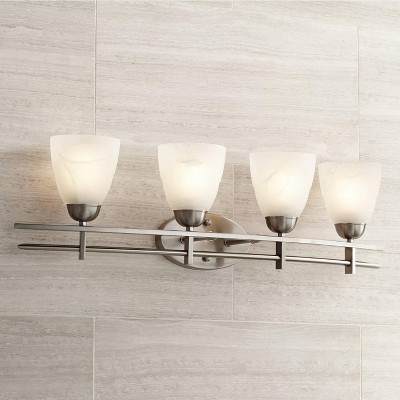 Brushed Nickel 33" Wide 4-Light Vanity Fixture with Marbleized Glass Shades