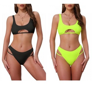 INSPIRE CHIC Women's Ribbed Scoop Neck Top Triangle Bottom Swimwear Bikini Suits 2 Sets - 1 of 4