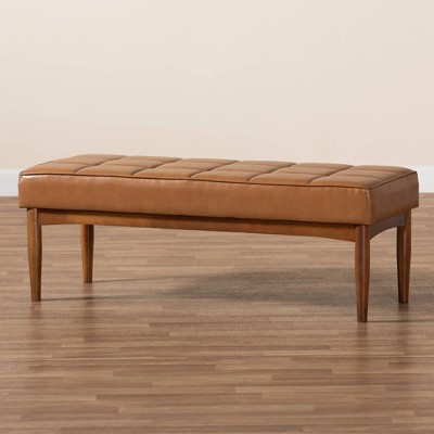 Sanford Tan Faux Leather Walnut Brown Dining Bench