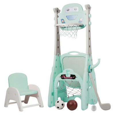 Costway Kids Basketball Hoop Set 6-in-1 Adjustable Sports Activity Center Drawing Blue