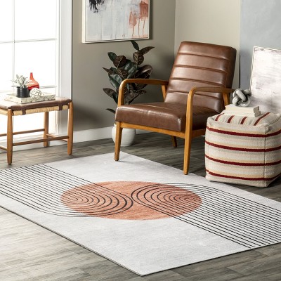 Burnt Orange Abstract Square Synthetic Washable Rug