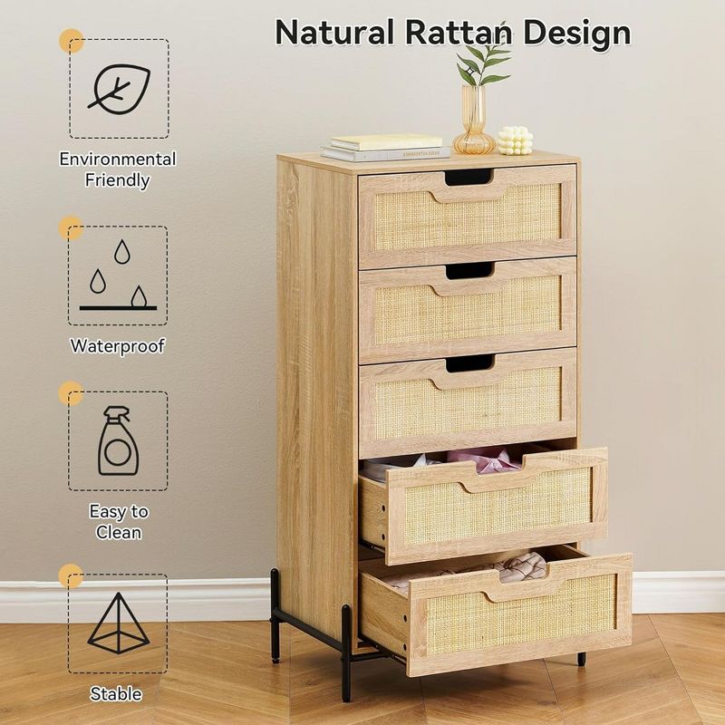 Whizmax Modern Rattan 5 Drawers Dresser, Double Dresser for Bedroom, Chest of Drawers Closet Organizers for Bedroom Living Room Hallway Office, 3 of 8