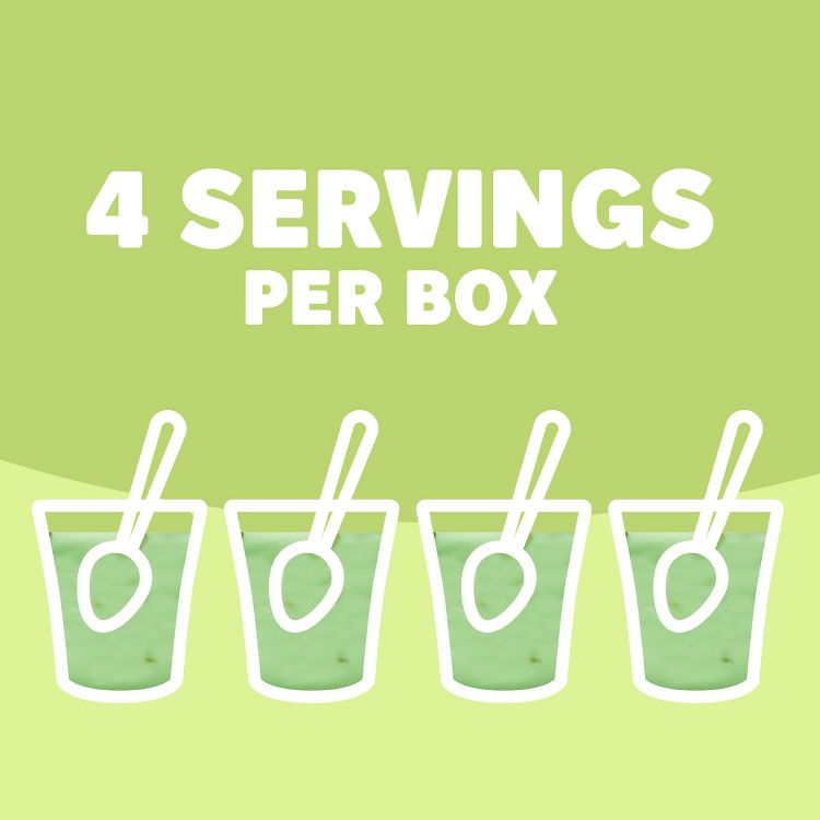 Four green colored pudding cups with spoons and the text "4 SERVINGS PER BOX" above them.
