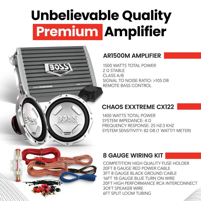 BOSS AUDIO CX122 12" 1400W Car Power Subwoofer Sub & Mono Amplifier & Amp Kit, 4 of 7
