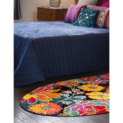 5' x 8' Oval Black Floral Synthetic Kids Area Rug