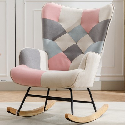 Cotton Linen Mid-Century Accent Sofa with Thick Soft Cushions Skin-Friendly Resists Fading Ergonomical Design Modern Rocking Chair for Living Room