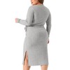 Agnes Orinda Women's Plus Size Long Sleeve Round Neck Ribbed Split Hem Tie Waist Midi Sweater Dress - 4 of 4