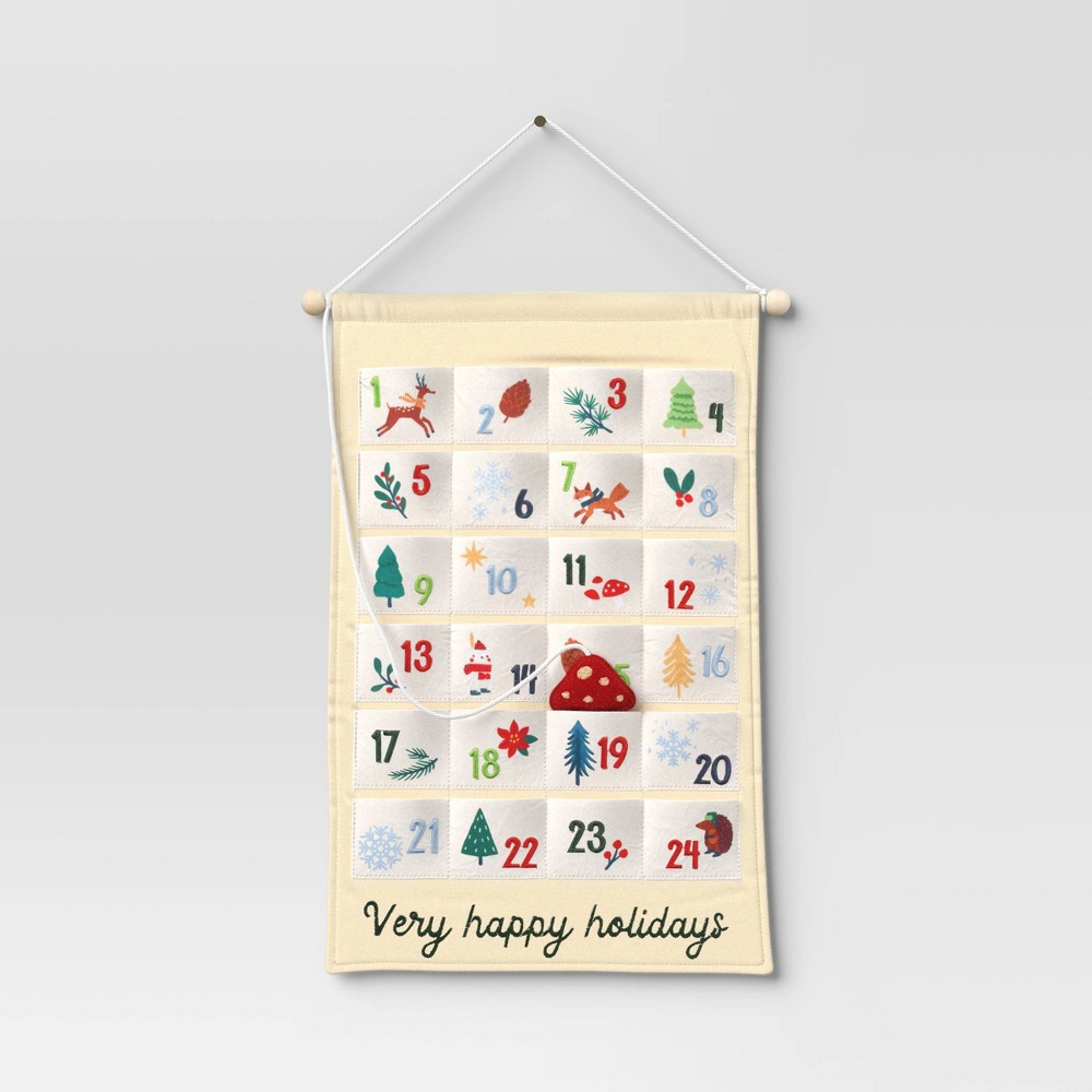 19.75" Fabric 'Very Happy Holidays' Hanging Christmas Advent Calendar with Mushroom Counter Ivory - Wondershop™