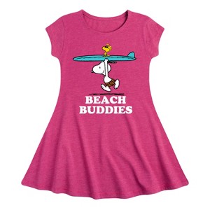 Girls' - Peanuts - Snoopy Woodstock Beach Buddies Surfing Fit & Flair Cap Sleeve Dress - 1 of 4