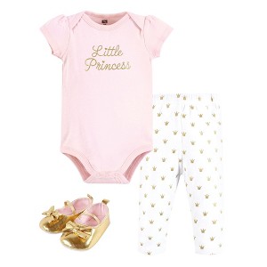 Hudson Baby Infant Girl Cotton Bodysuit, Pant and Shoe Set, Gold Little Princess - 1 of 4