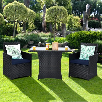 Tangkula 3PCS Patio Rattan Dining Set Space-Saving Furniture Set with Tempered Glass Top Table and Cushioned Chairs