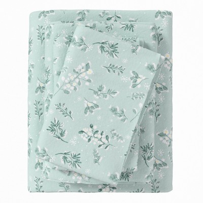 100% Cotton Winter Floral Printed Flannel Sheet Set - Great Bay Home (Queen, Snowy Botanical)