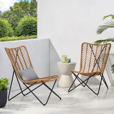 Light Brown and Black Wicker Bohemian Armchair Set with Iron Legs