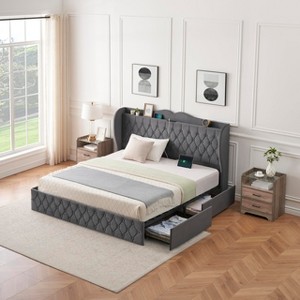 Velvet Upholstered Platform Bed with Storage Drawers & USB Charging Station, No Box Spring Needed - 1 of 4