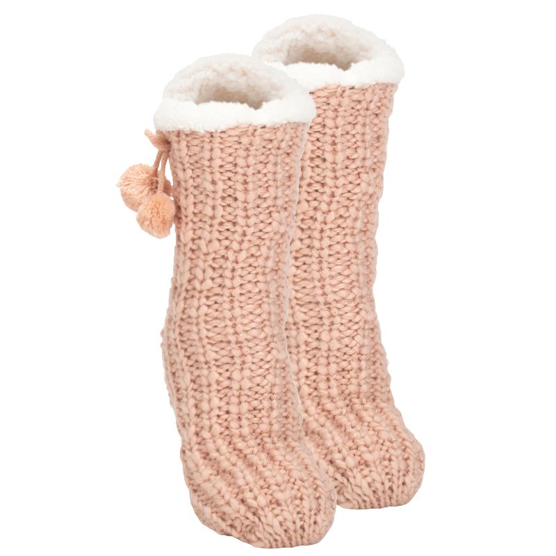 Elanze Designs Dust Pink Gold Glitter Knit Pom Pom Womens One Size Plush Lined Non Skid Indoor Slipper Socks, 1 of 7