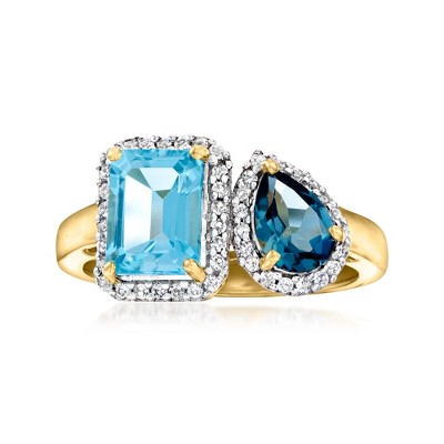 Ross-Simons 1.60 Carat Swiss Blue Topaz and .60 Carat London Blue Topaz Toi Et Moi Ring With .20 ct. t.w. White Topaz in 18kt Gold Over Sterling