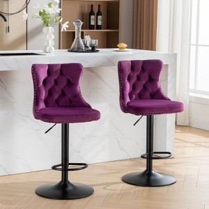 PAGED Bar Stools Set of 2 Height Adjustable Swivel Velvet Counter Stools with Button Tufted Back and Black Base for Bar, Kitchen - 1 of 4