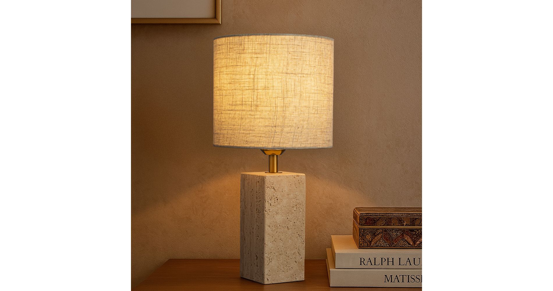 ALOADECOR 16'' Natural Modern Rectangular Small Travertine Stone Base Bedside Table Lamp with Beige Linen Shade for Bedroom Living Room
