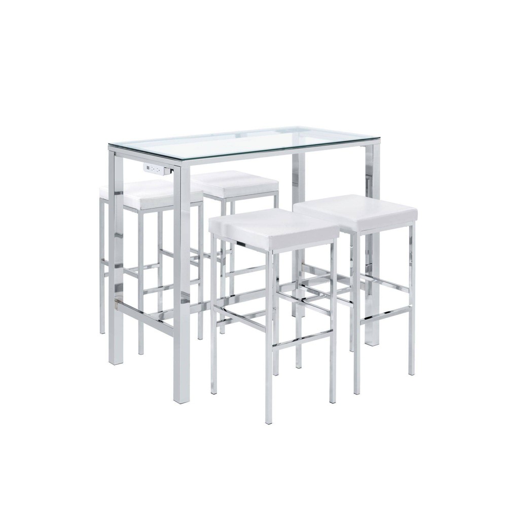 Lori Multipurpose Bar Dining Table Set White/Chrome - Picket House Furnishings: 5-Piece, Polyester Upholstered Stools, Metal Frame