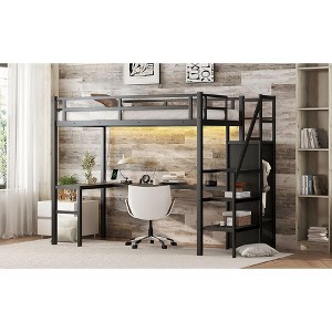 Okak Twin XL Metal High Loft Bunk Bed with L-shaped Desk & USB Heavy Duty Bedframe with Wardrobe & Adjustable Shelf LED for Adults Teens Kids, Black - 1 of 4