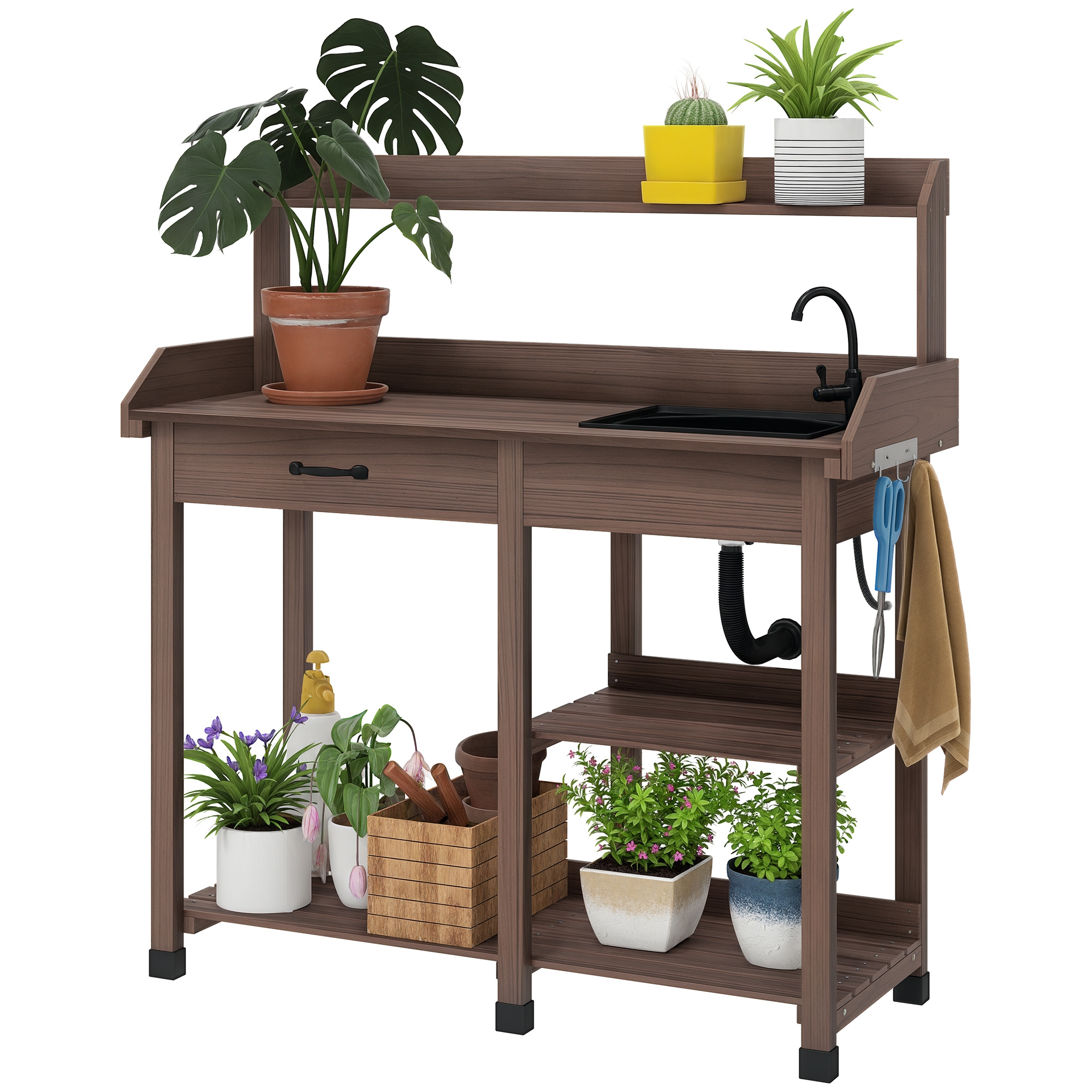 Outsunny Potting Bench Table, Includes Removable Outdoor Sink Station with Hose Hook Up, Wooden Work Station with Faucet, Drawer, Shelves, Dark Brown