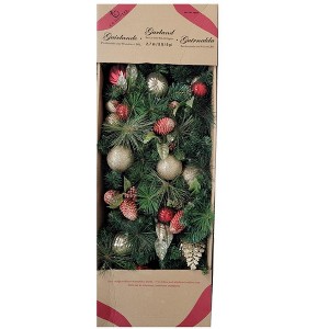Pre-Lit 9ft Artificial Garland Pre-Lit with 90 Clear LED Lights Decorated in Red/Gold - 1 of 4