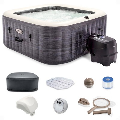 Intex PureSpa Plus Greystone Inflatable Square Outdoor Hot Tub Spa, 83" x 28" with PureSpa Maintenance Accessory Brush, Skimmer, and Scrubber Kit