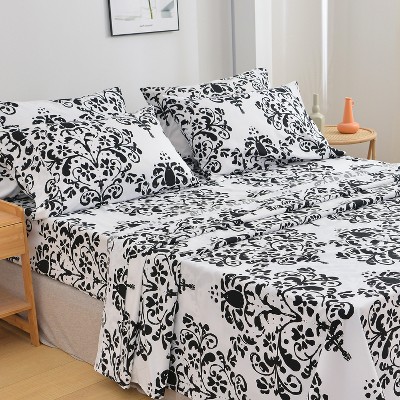 Queen Black and White Damask Microfiber Sheet Set