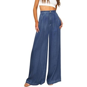 Women's Summer Fall High Waisted Loose Fit Straight Wide Leg Pants Button Down Back Elastic Waist Casual Comfortable Long Trousers - 1 of 4