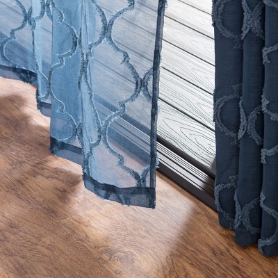 Dark Blue Textured Sheer Grommet Window Curtain Panels, 52x108 Inches