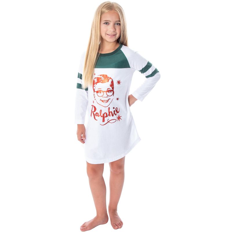 A Christmas Story Girl's Ralphie Striped Sleeve Nightgown Pajama Shirt Ralphie Red Foil, 3 of 5