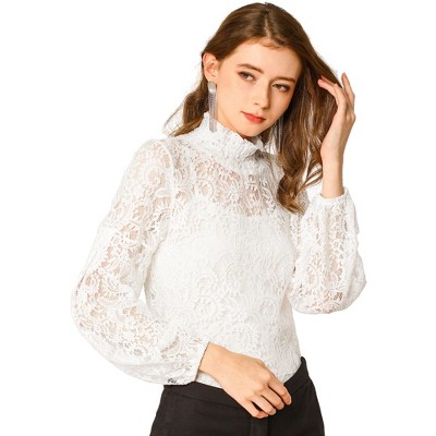 Allegra K Women's See Through Mock Neck Long Sleeve Floral Lace Blouse  White Small : Target